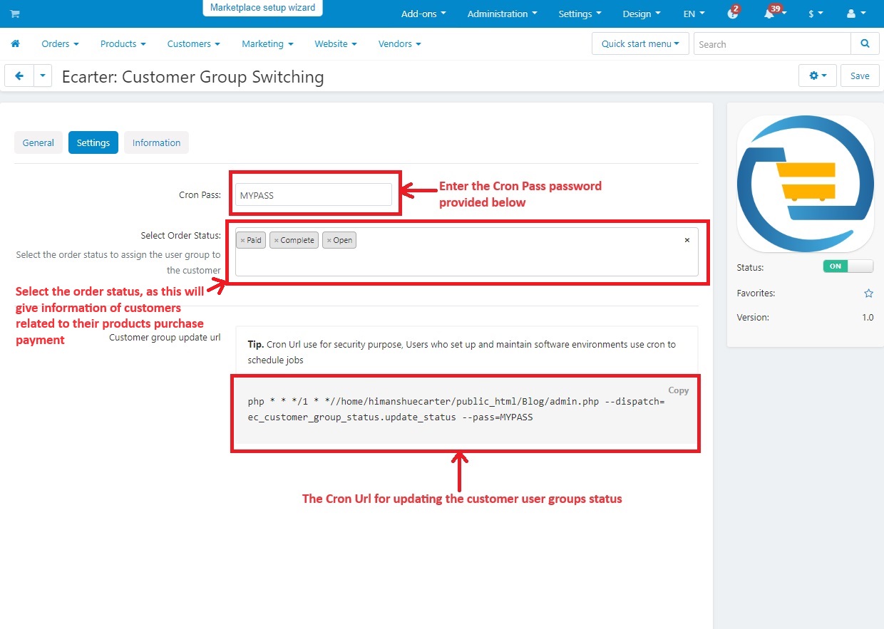 Main settings page