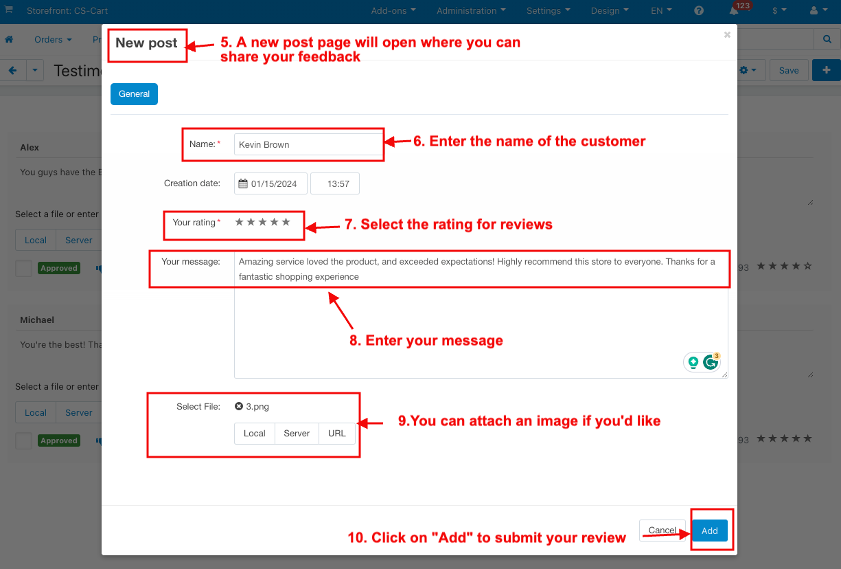 review pop-up window