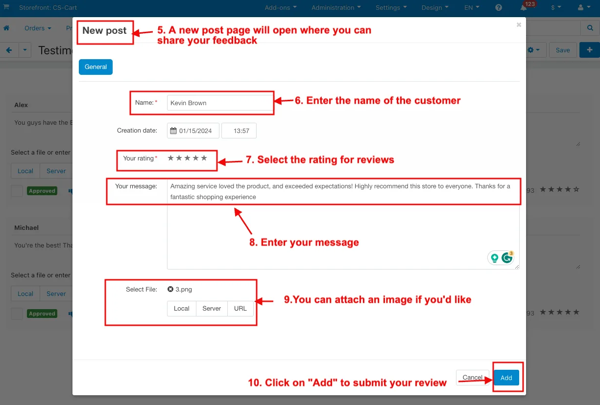 review pop-up window
