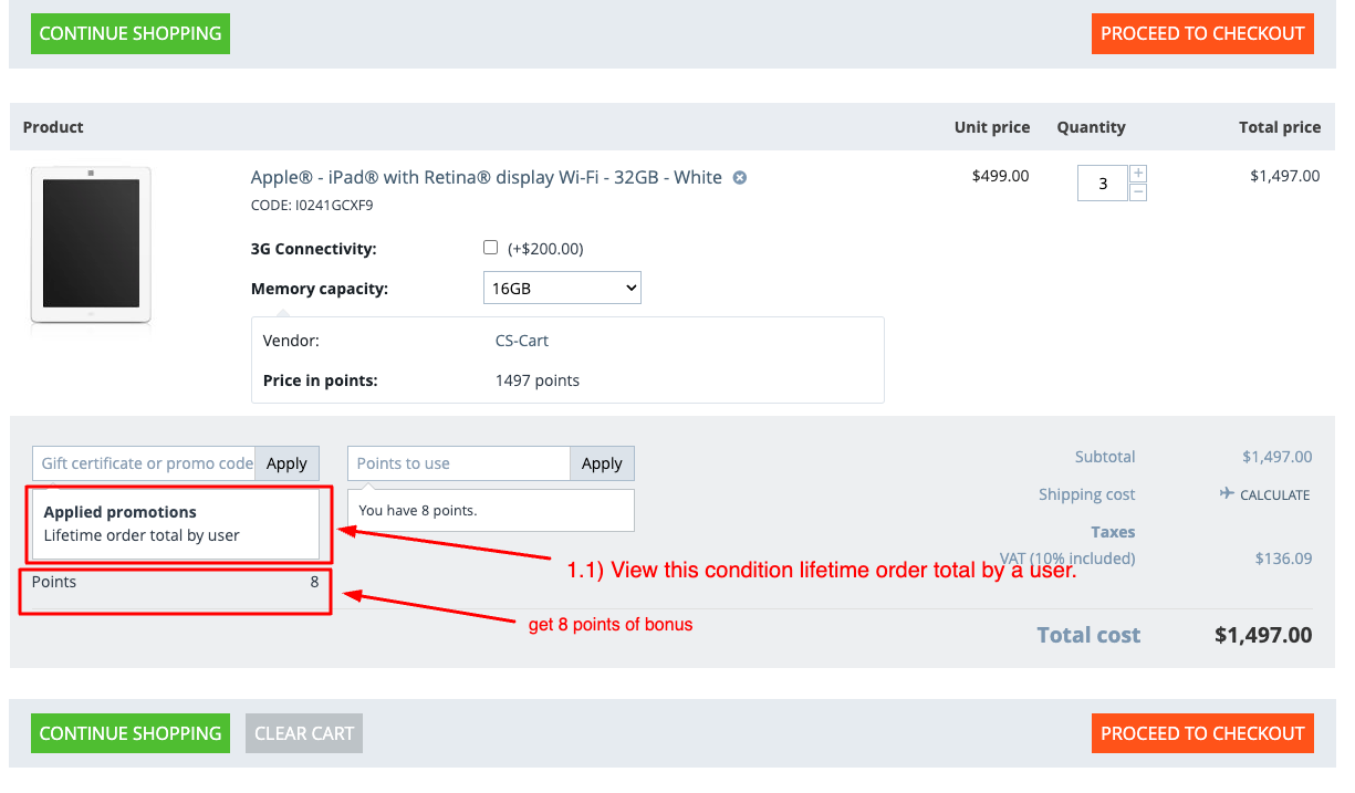 promotion condition lifetime order total by the user in storefront page