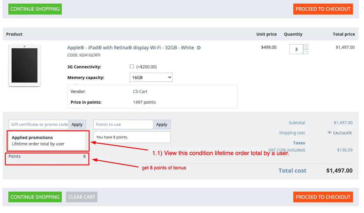 promotion condition lifetime order total by the user in storefront page