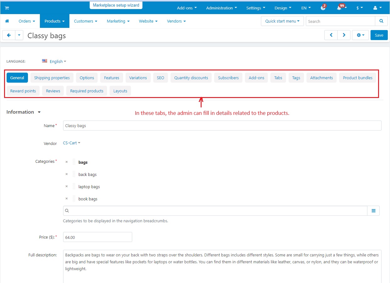 Admin can fill details related to the products