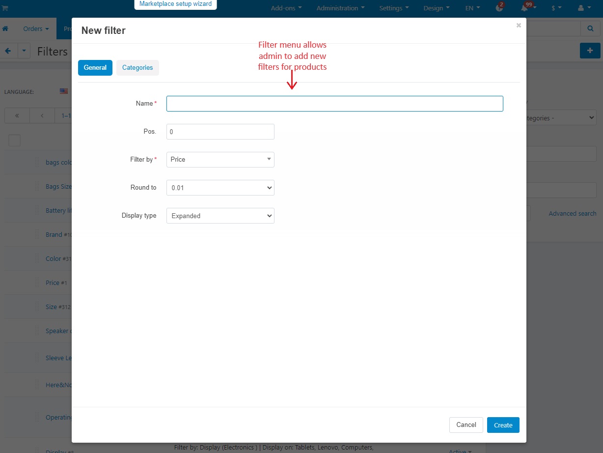 Filter menu allows admin to add new filters for products