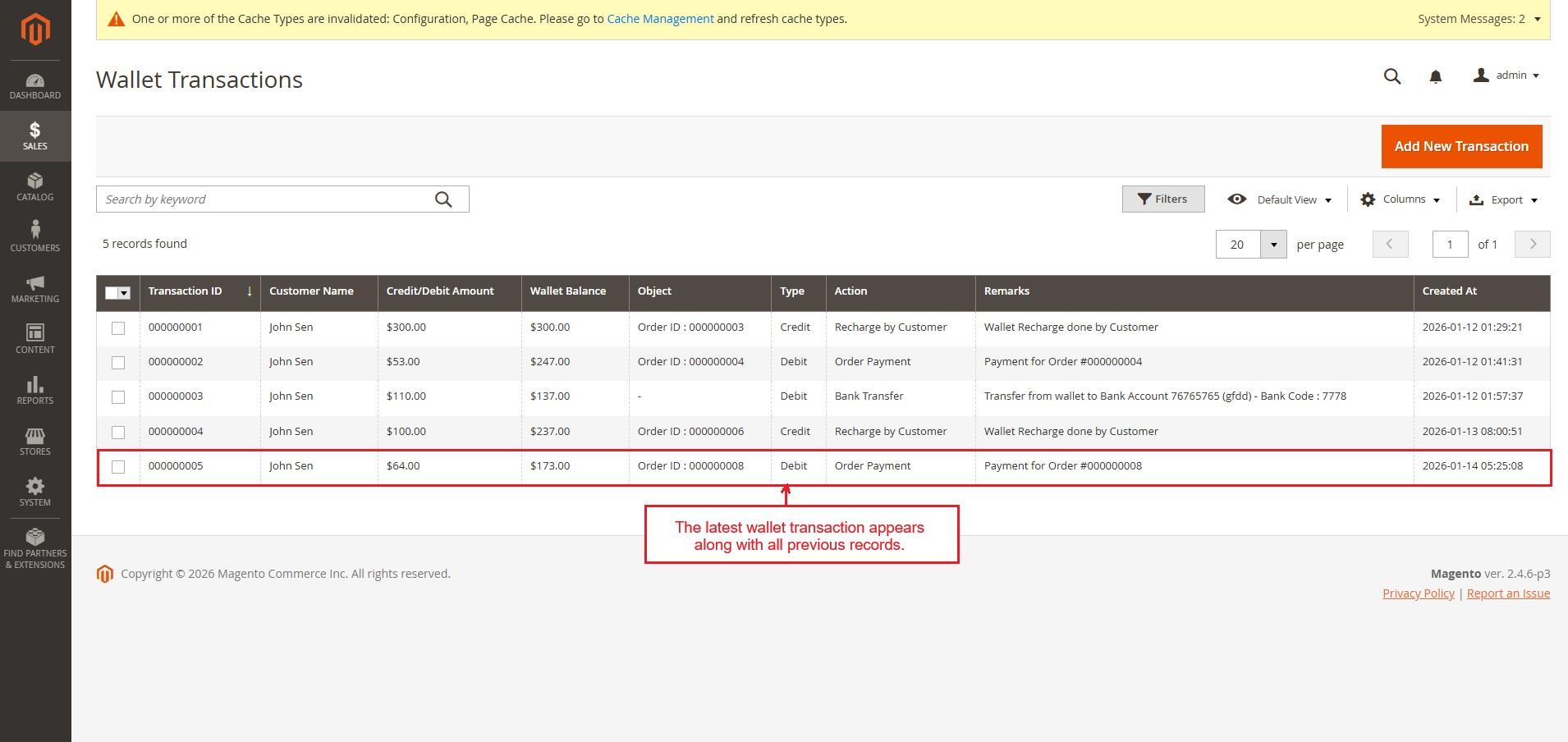 List of wallet transaction