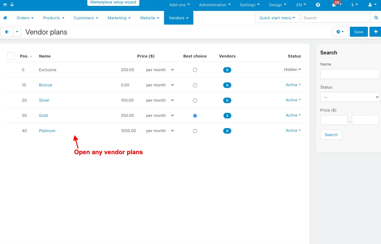 Open Any vendor plan page
