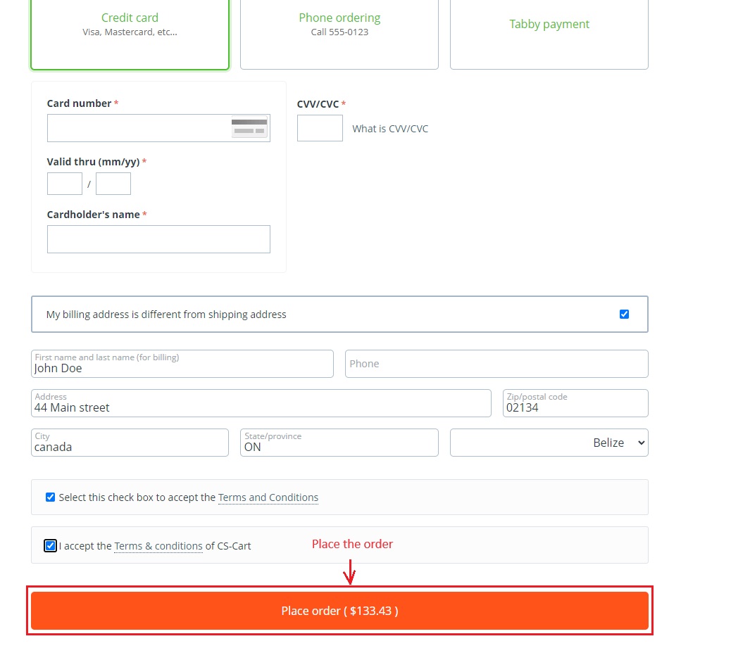 Place the order page