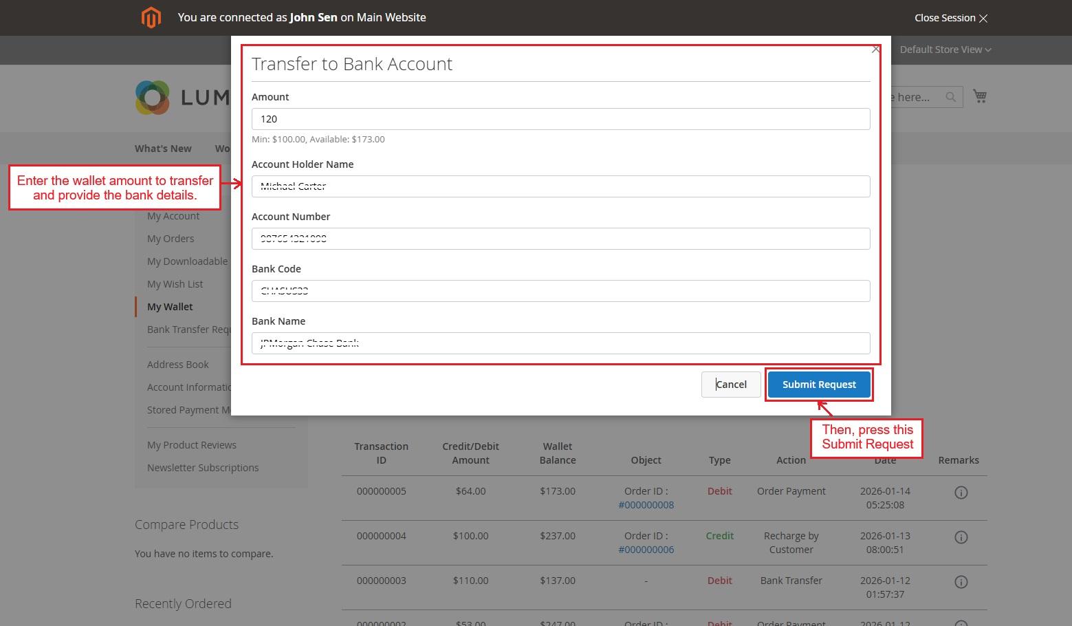 Transfer to bank account