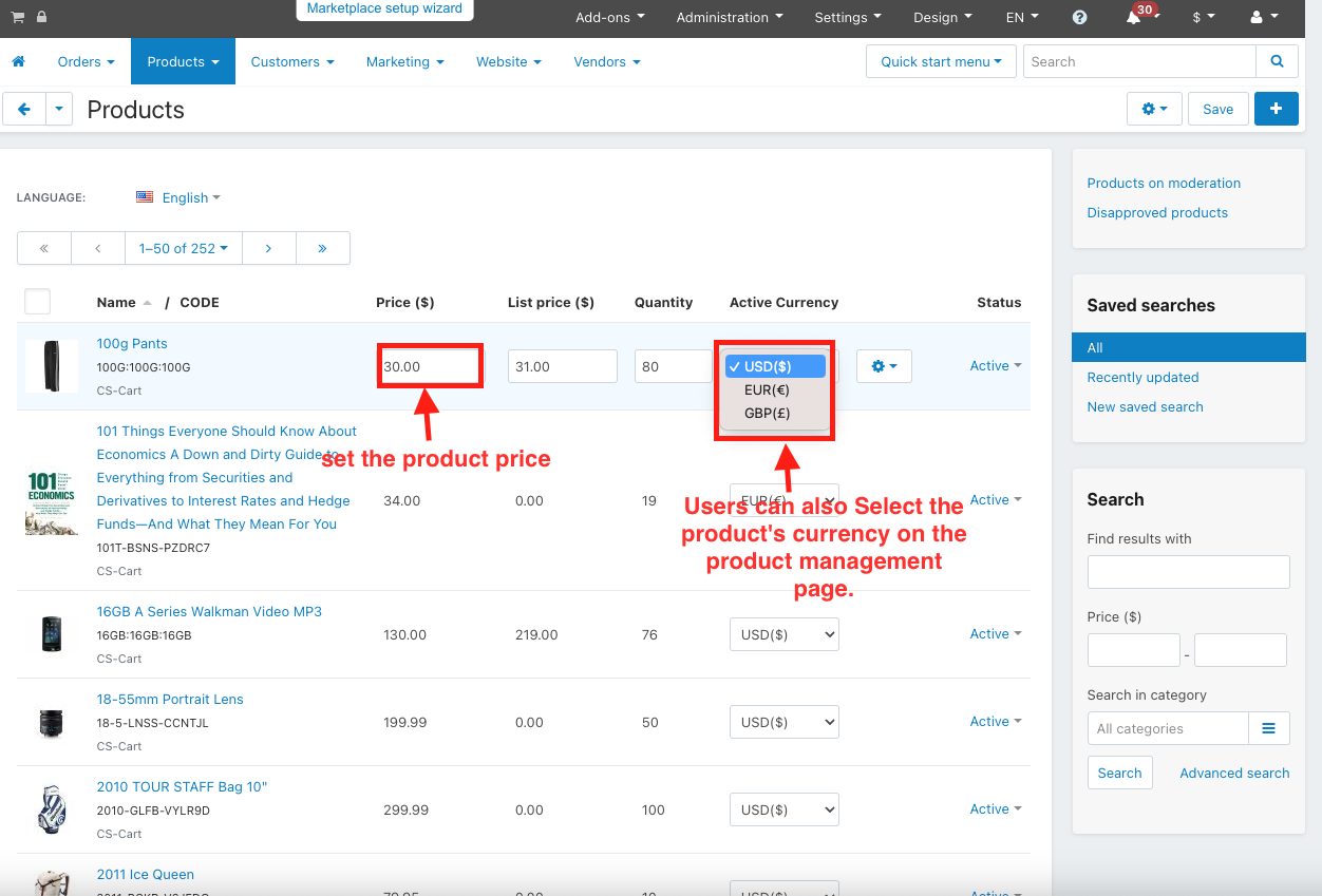 Set the product price and select the currency