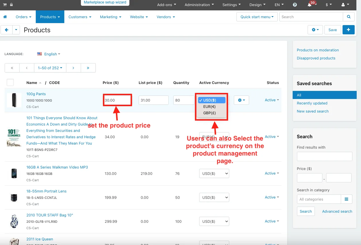 Set the product price and select the currency