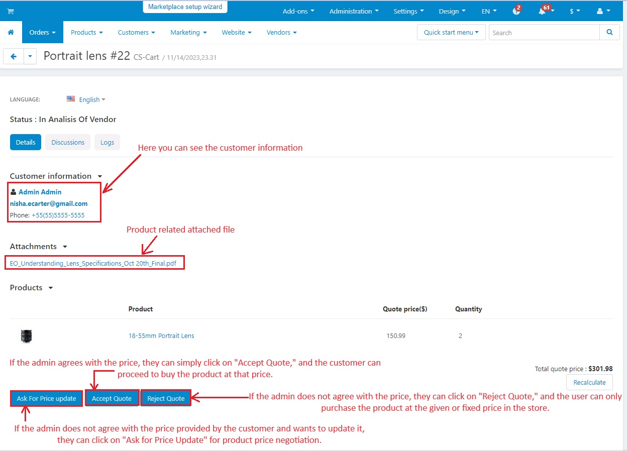 Product related attached files with three main button></figure>
<p><b>Let’s click on “Ask for Price update” to see the results</b></p>
<ul><li>Below you can see the order status has changed to Asked for a priced update.</li></ul>
<figure><img src=