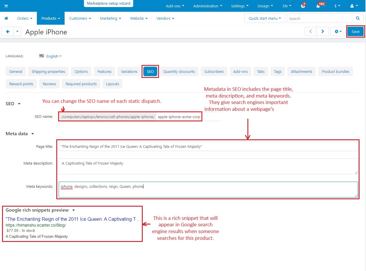 SEO tab with main settings