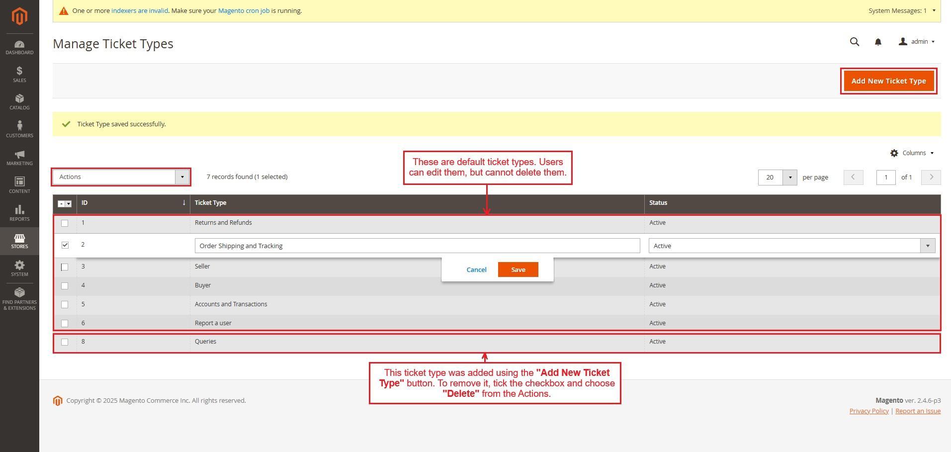 Manage ticket type page