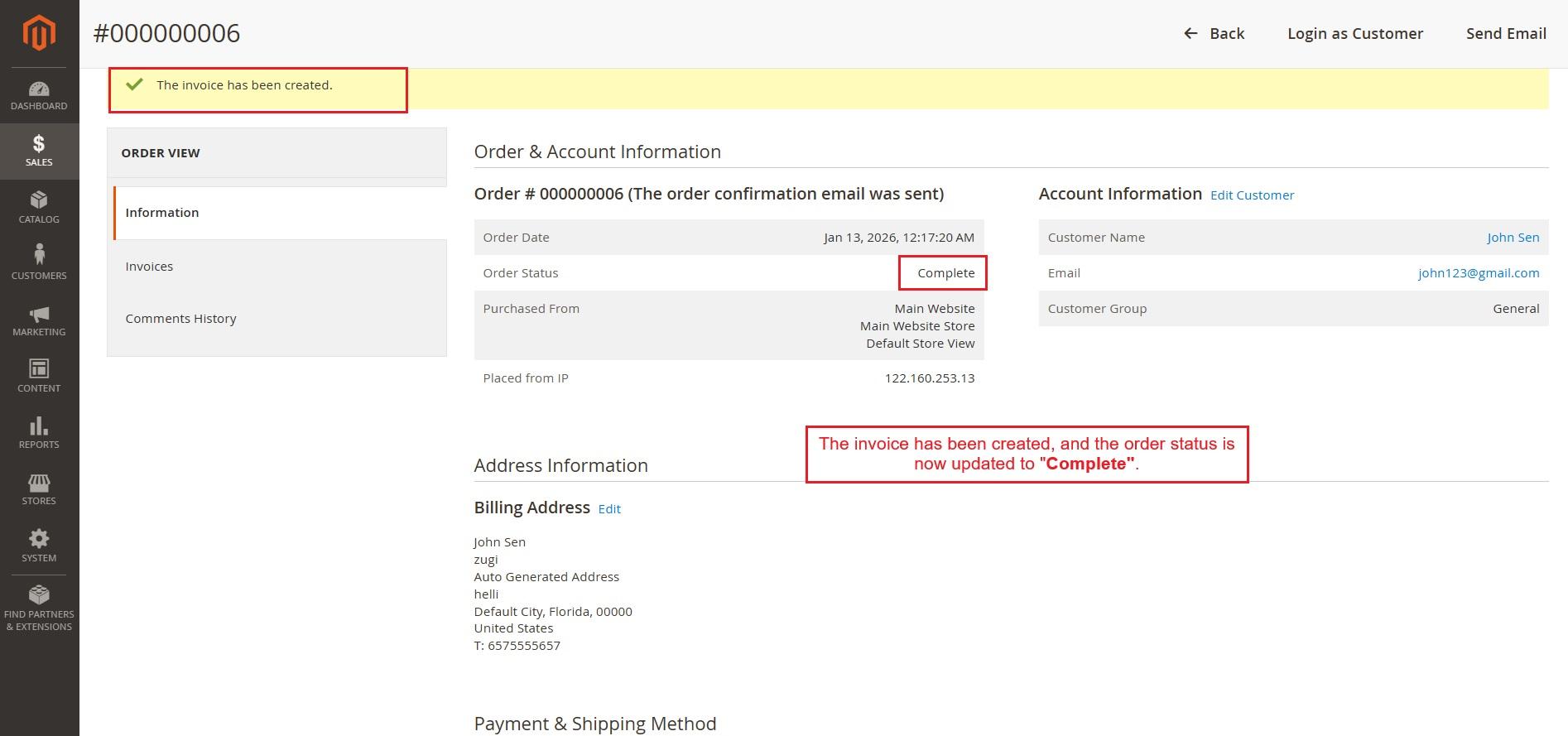 Invoice has been created page