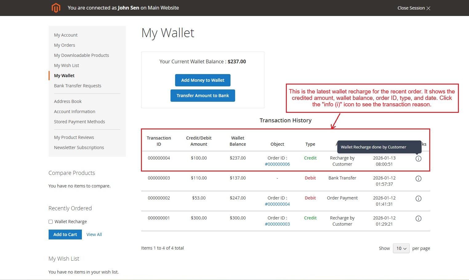 List of recent wallet recharge