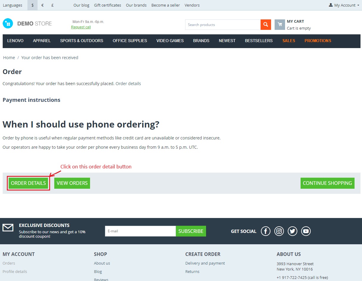 Place the order page