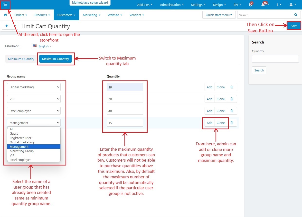 Fill Maximum quantity tab information