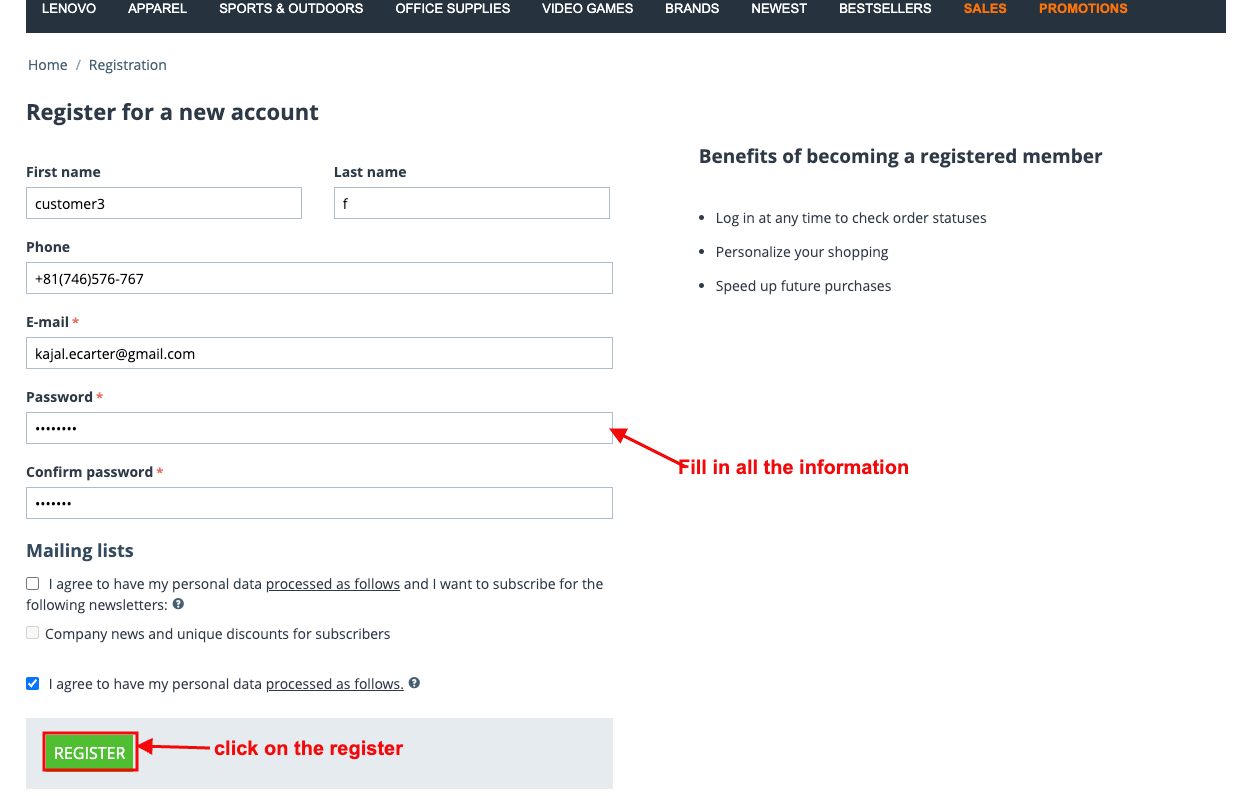 fill in all information for registration