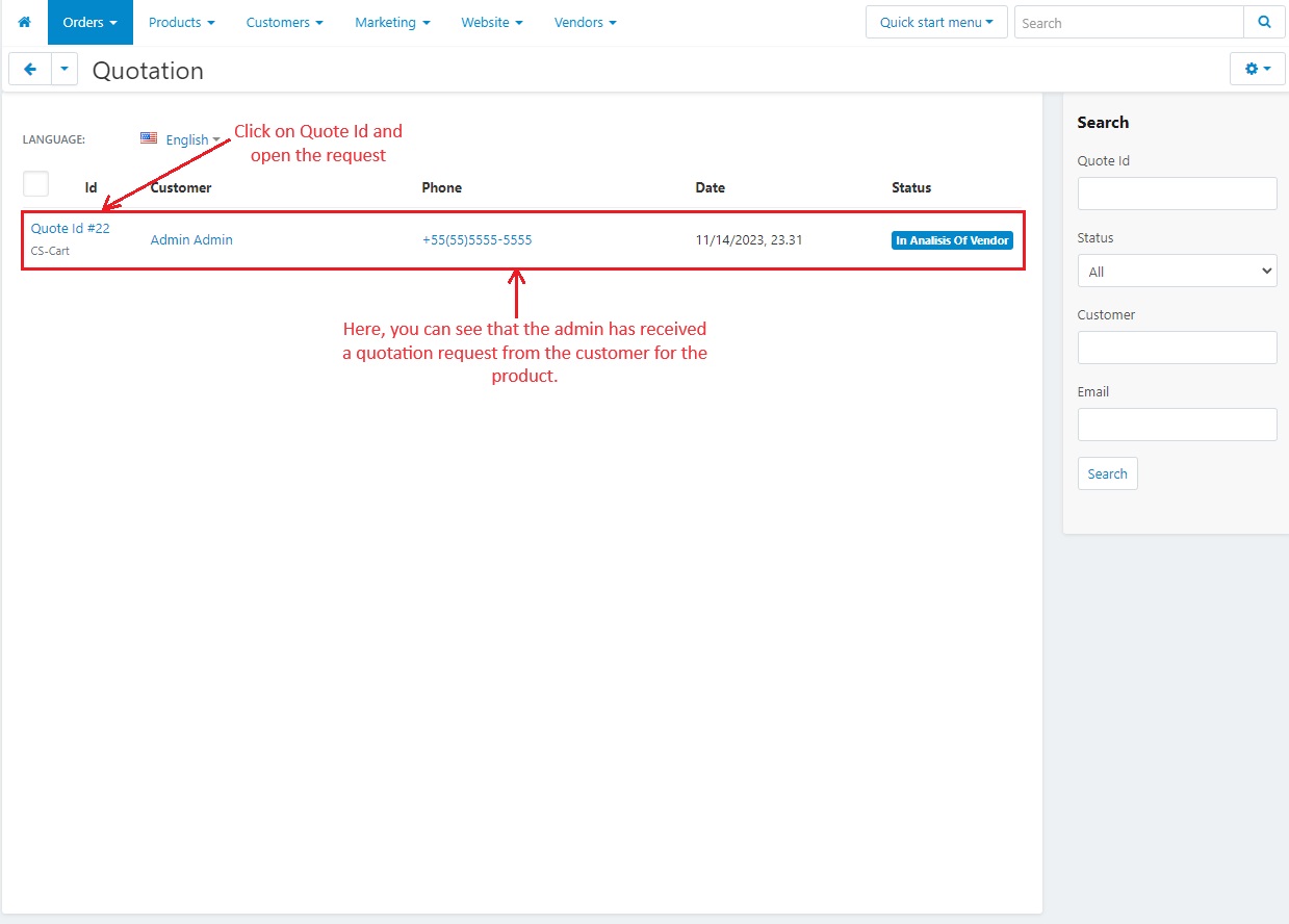 Quote ID and Open the request page