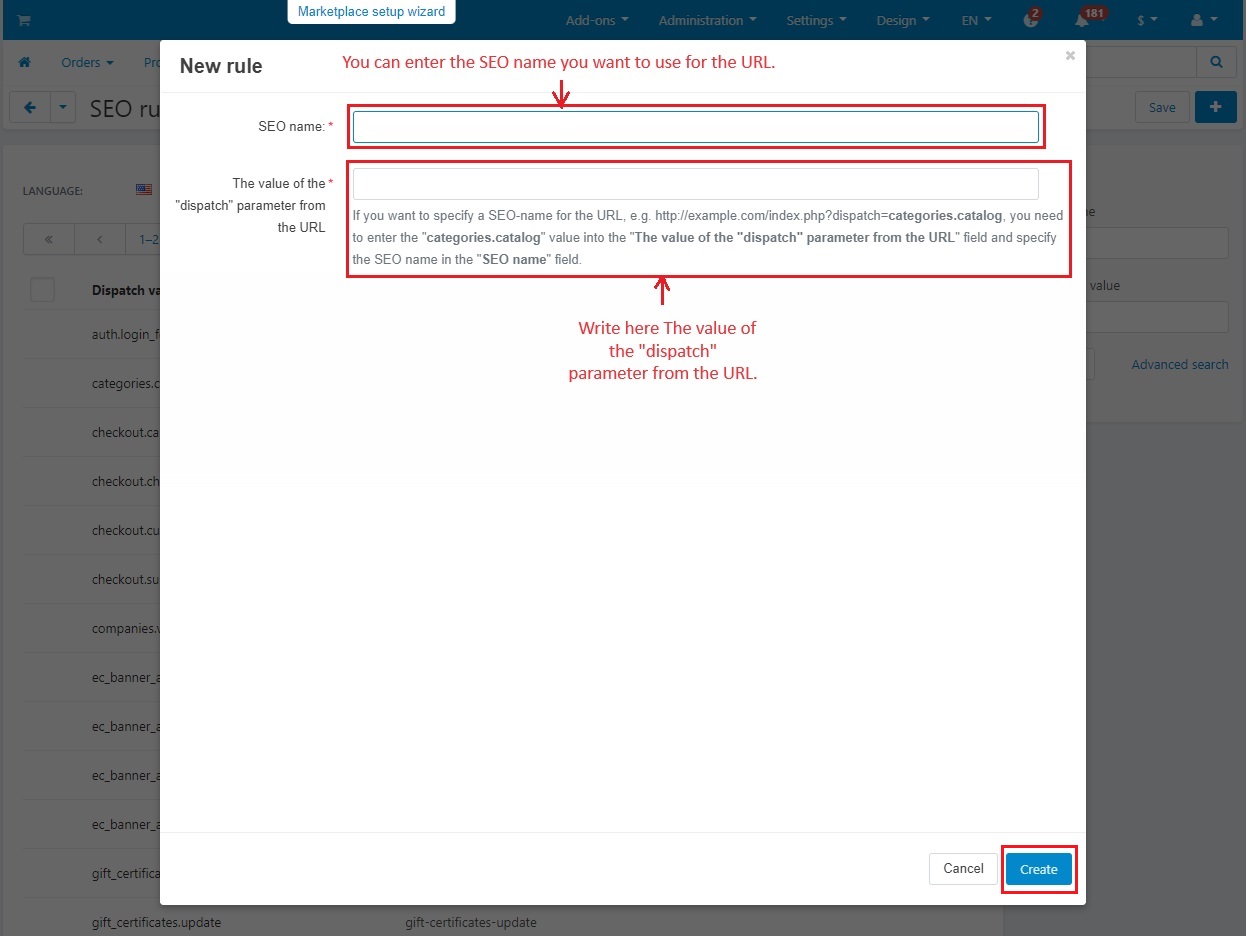 Space to enter dispatch value and enter SEO name