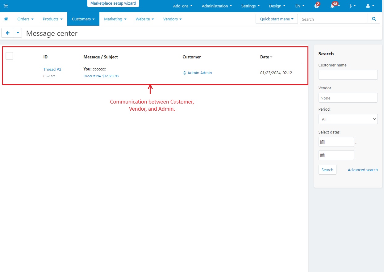 Communication between admin, vendor, and customer
