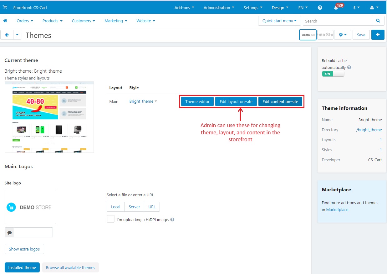 themes, layout, and content in storefront