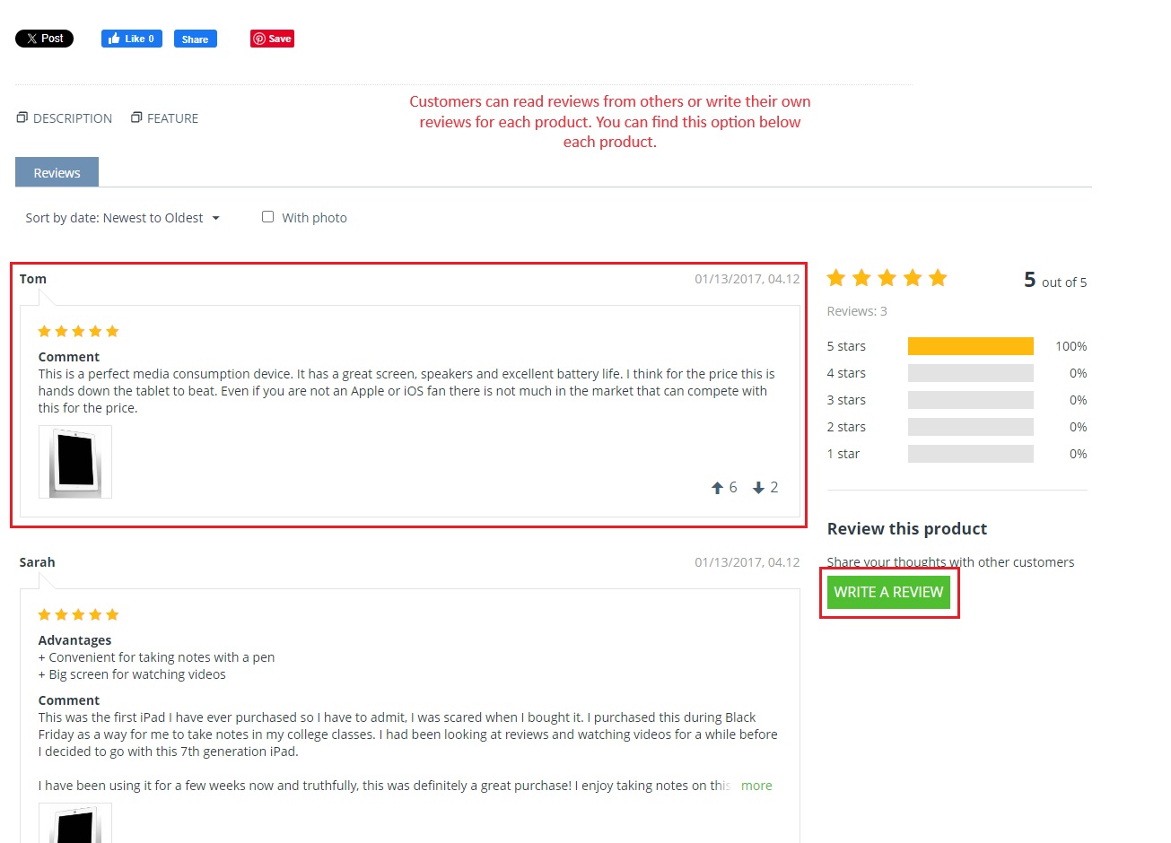 Customer can read and write reviews