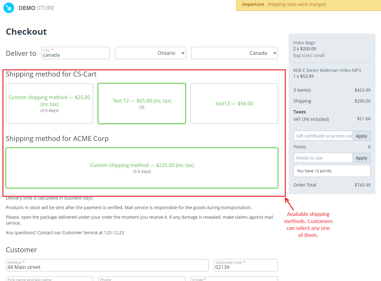 Available shipping methods page