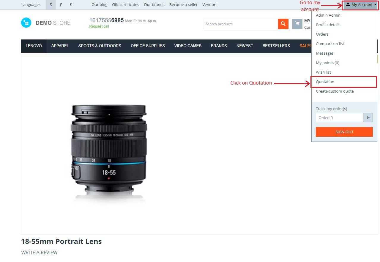 My account with Quotation></figure>
<p><br></p>
<ul><li>Here you can see the requests of product quote with customer details like customers ID, Quote, Status and date with time. </li><li>There is an Open button at the corner with a dropdown arrow. By clicking on this customer can search requests for product quote. </li><li>At the end, click on >> Send button to send the request of quote to the admin and vendor.</li></ul>
<figure><img src=