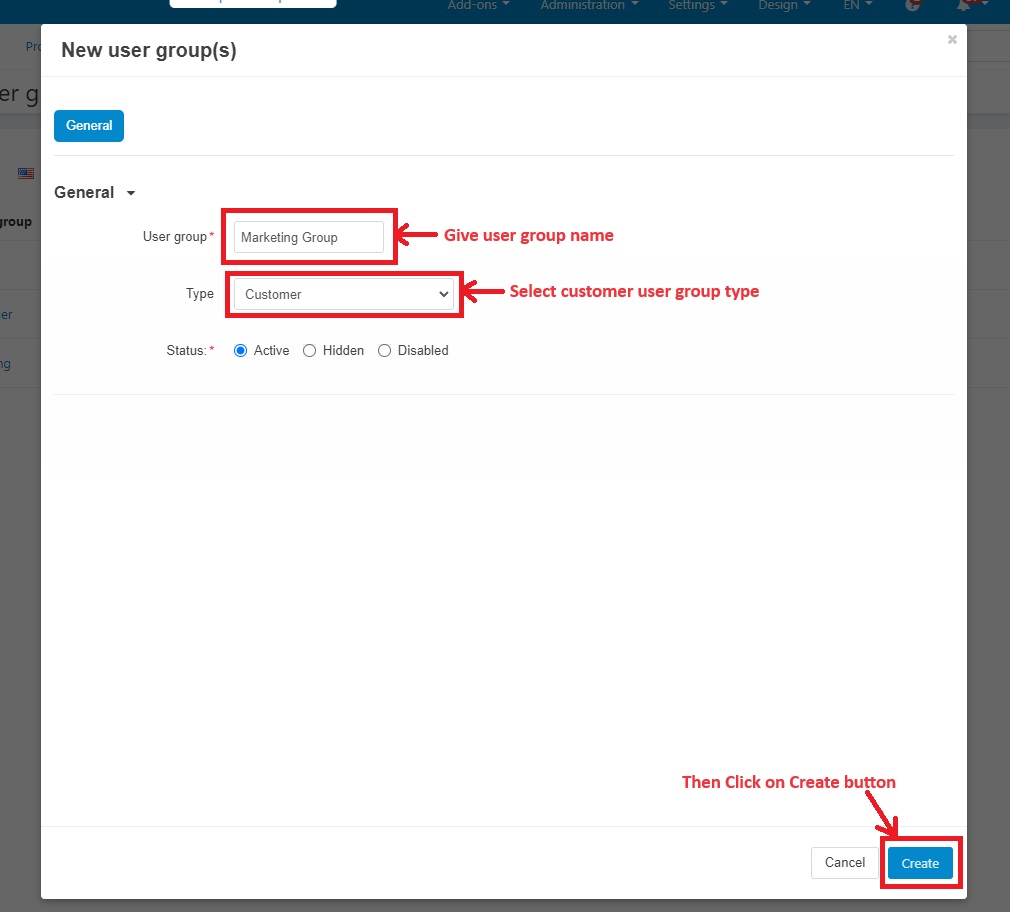 Create new user group page