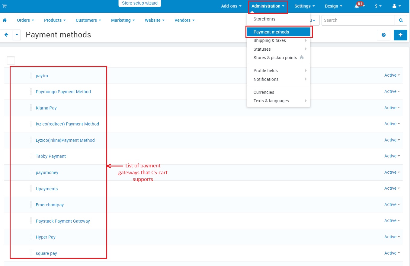 Payment methods within administrators